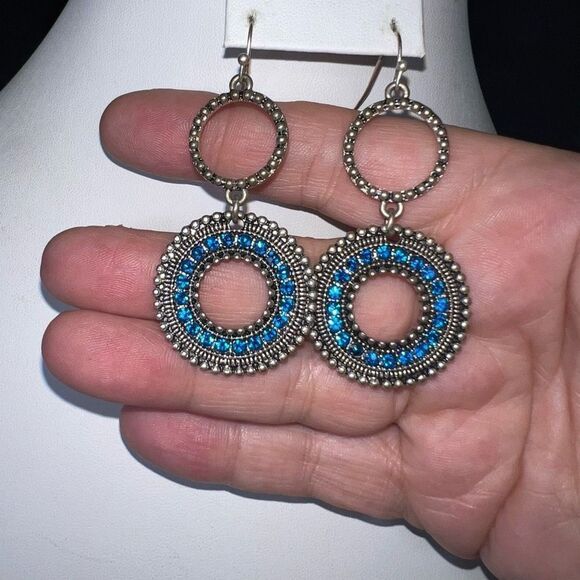 Boho Silver Tone Circle Dangle Earrings with Turquoise Blue Crystals - Picture 4 of 8